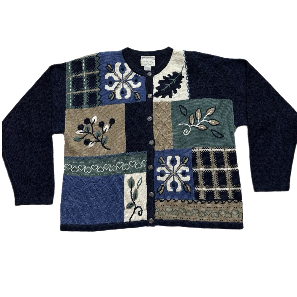 VTG 80s Navy Blue Floral Embroidery Metal Buttons Cardigan L Cottage Core